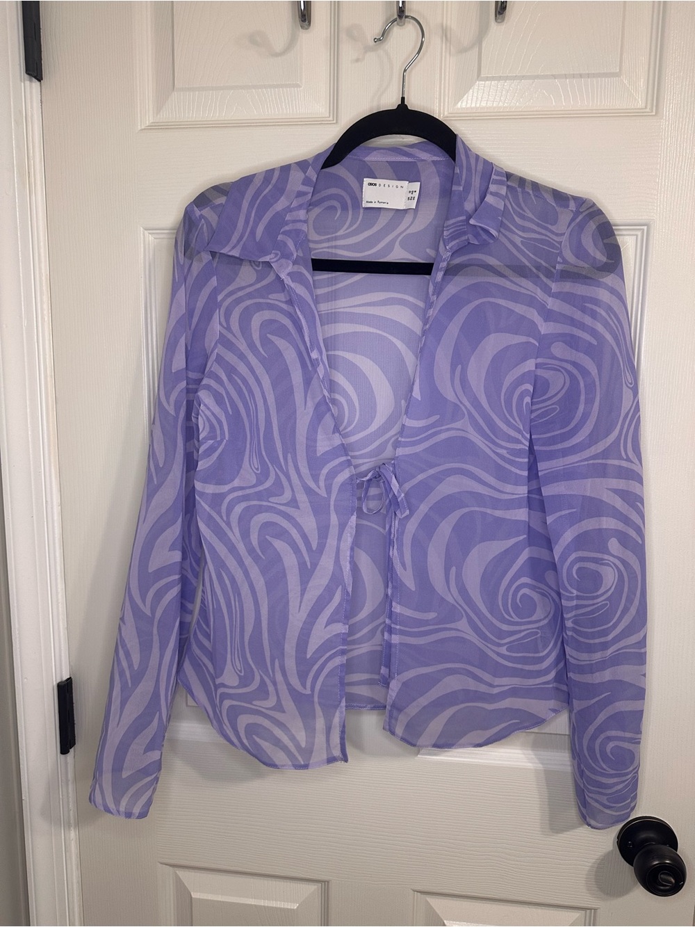 ASOS Lavender Swirl Sheer Button-Tie Blouse